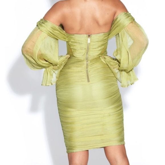 🔥Sirene Olive Silk Pleated Off Shoulder Dress - Picture 3 of 9